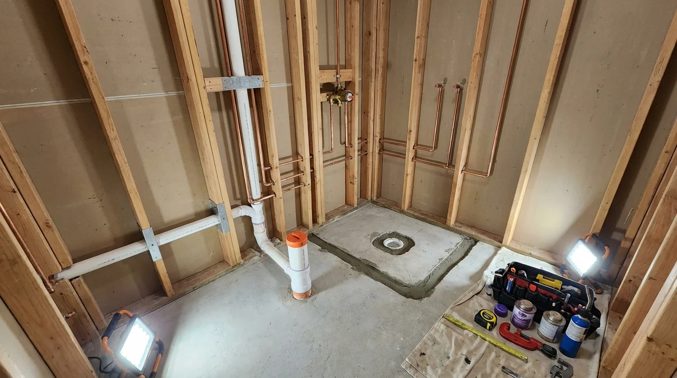 Bathroom rough-in plumbing during remodel by Johns Plumbing LLC in Dandridge