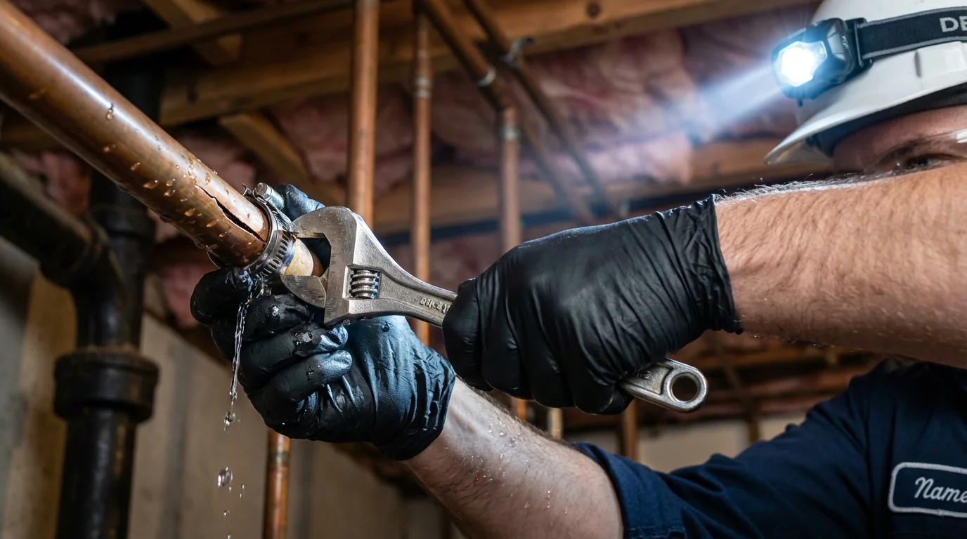 Emergency pipe clamp repair being performed by a Johns Plumbing LLC plumber in Dandridge